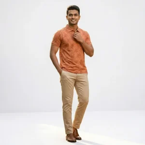 Premium Tropical Print Cotton Polo Shirt for Men - Terracotta